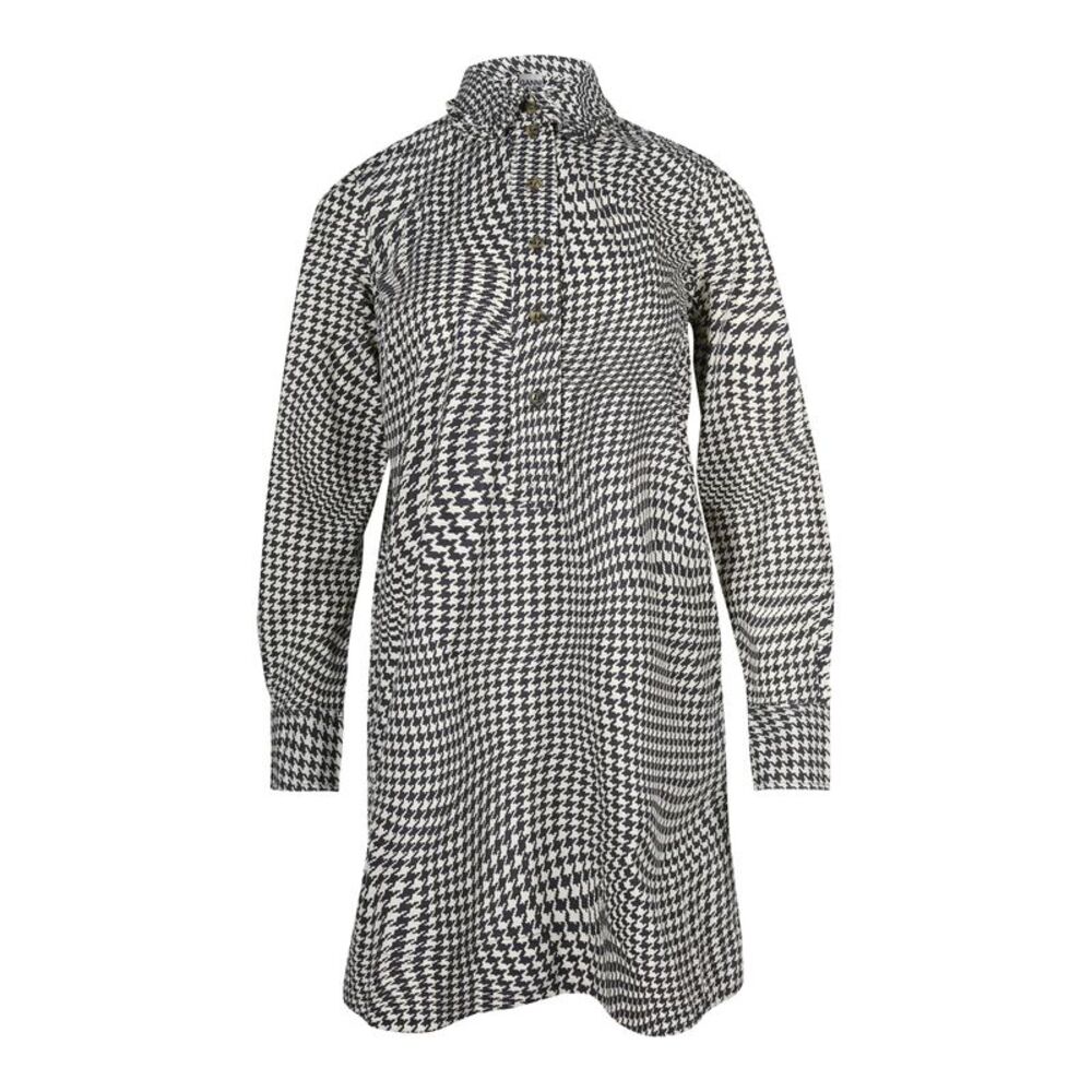 Ganni Optical Houndstooth Pea-Collar Mini Dress in Multicolor Cotton